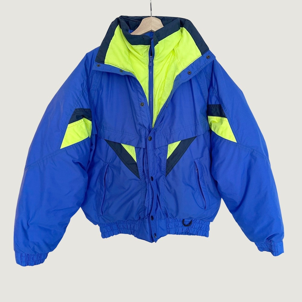 Vintage Double Black Puffer Ski Jacket Mens Medium Down Fill Blue Neon Yellow